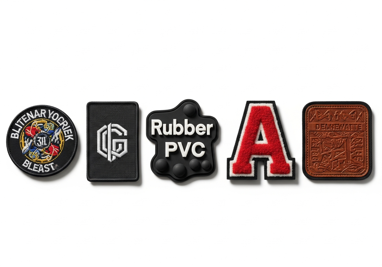 Six custom patch types for jackets showing embroidered woven PVC chenille leather and printed examples