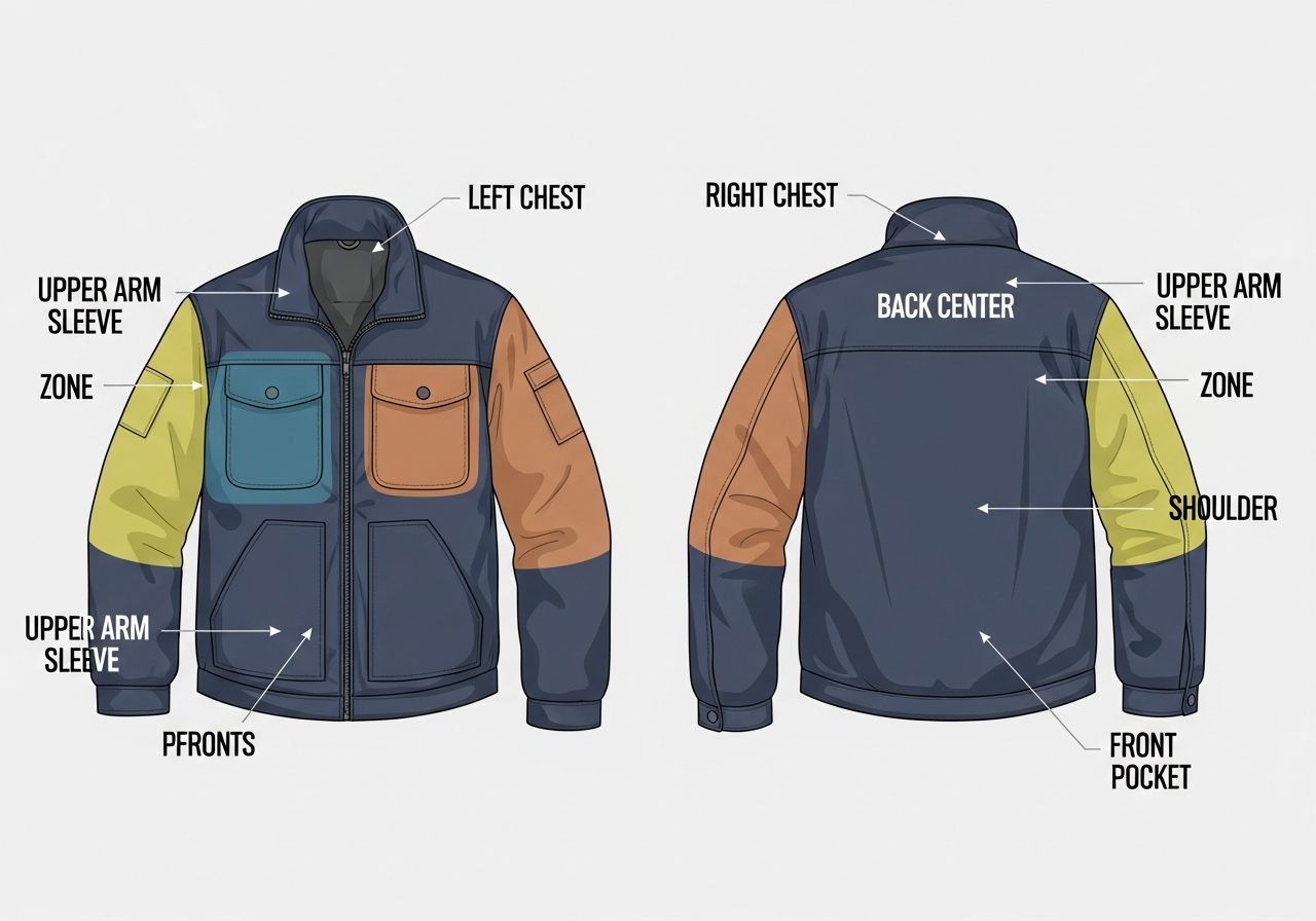 Jacket patch placement diagram showing chest shoulder back and sleeve positions with recommended sizes