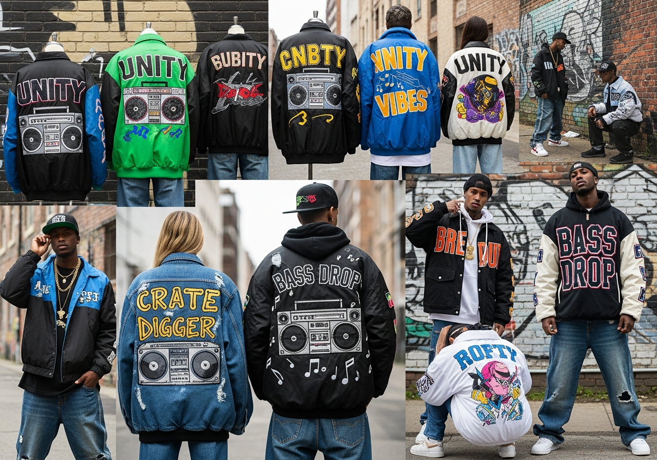90s hip-hop inspired custom jackets featuring oversized bomber silhouettes and bold logo branding details