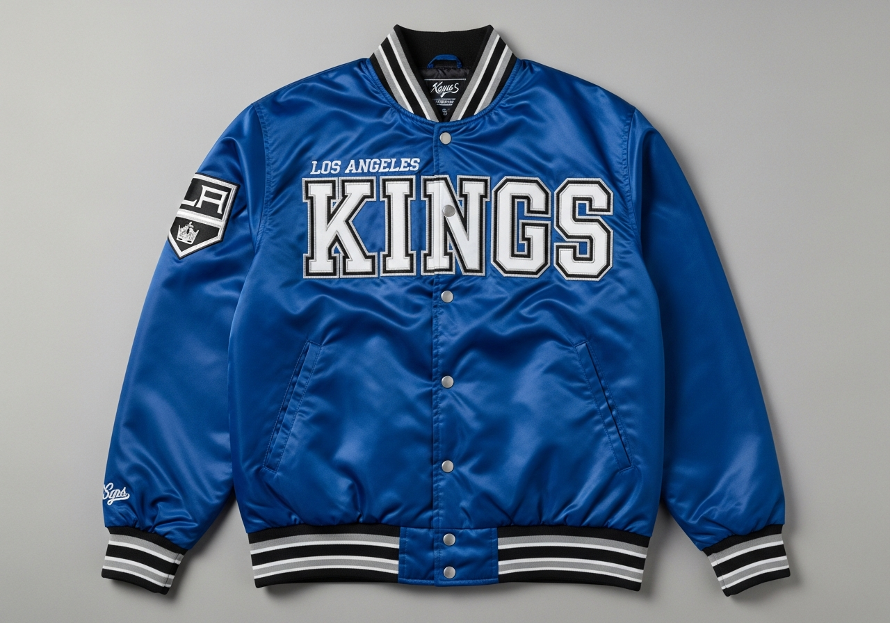 Custom satin starter-style jacket in bold team colors with oversized lettering and snap-button front