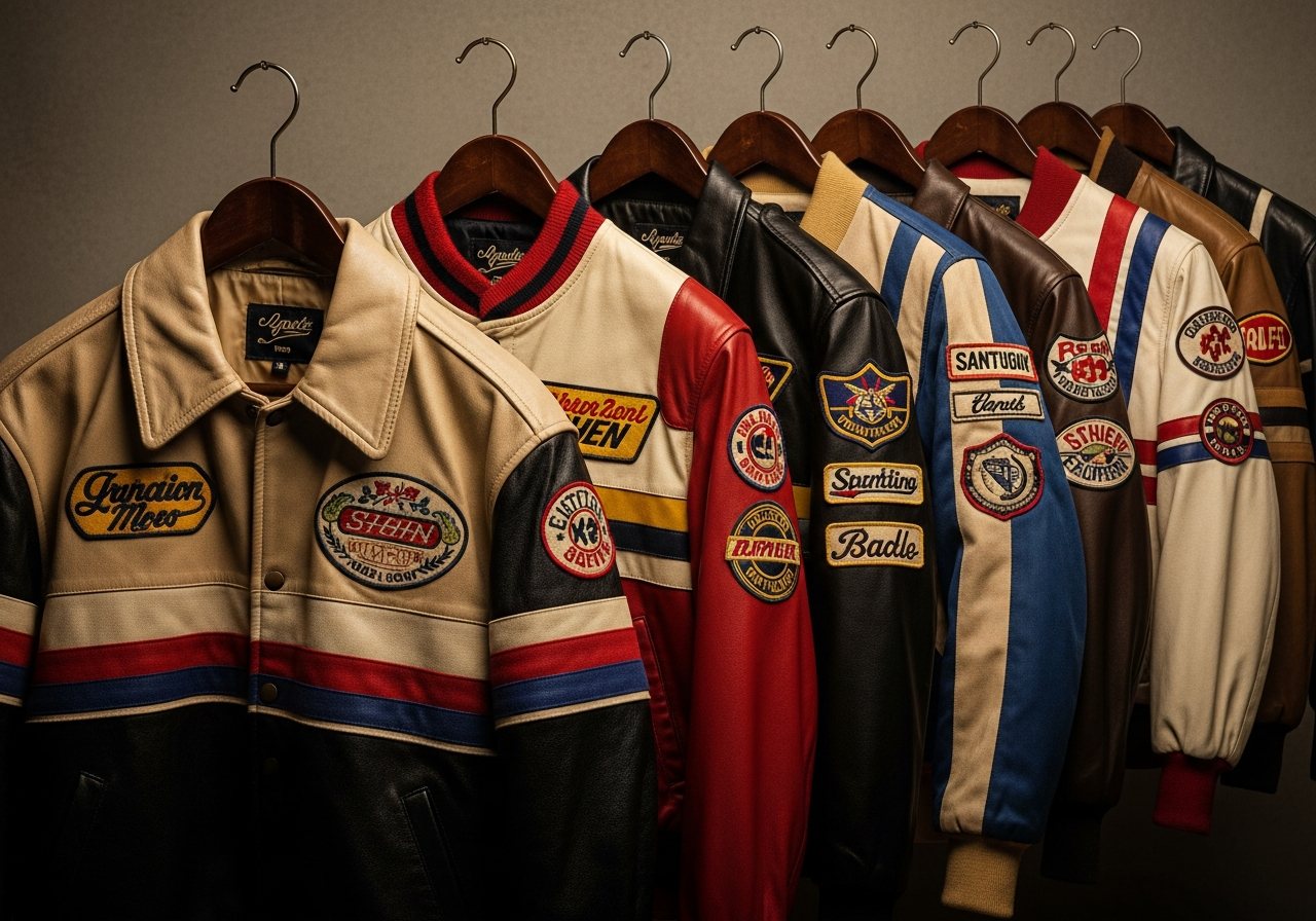 Vintage sports custom jackets showing racing style with patches and retro baseball warm-up designs