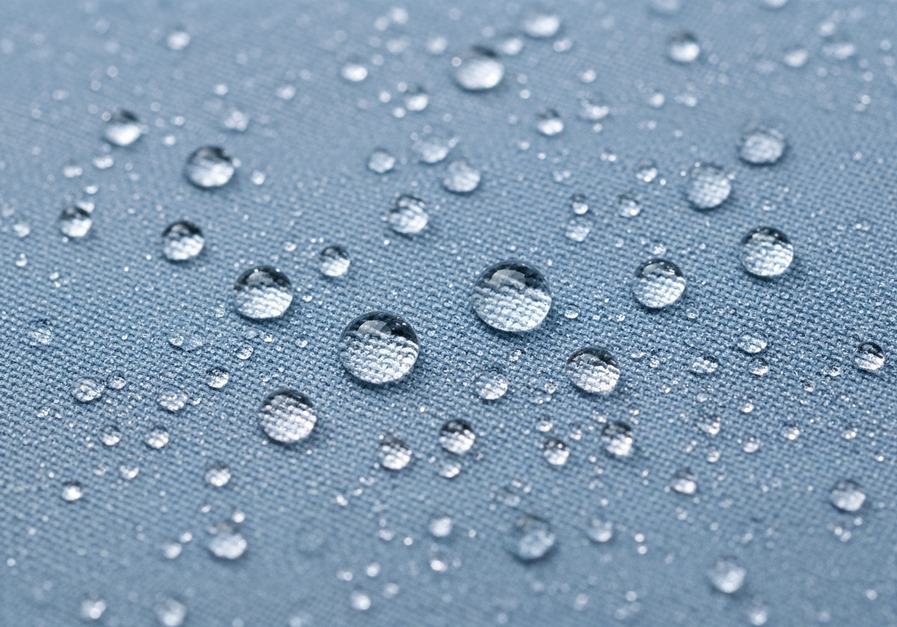 Antimicrobial and fluid-resistant fabric treatment demonstration showing liquid beading on custom medical jacket surface