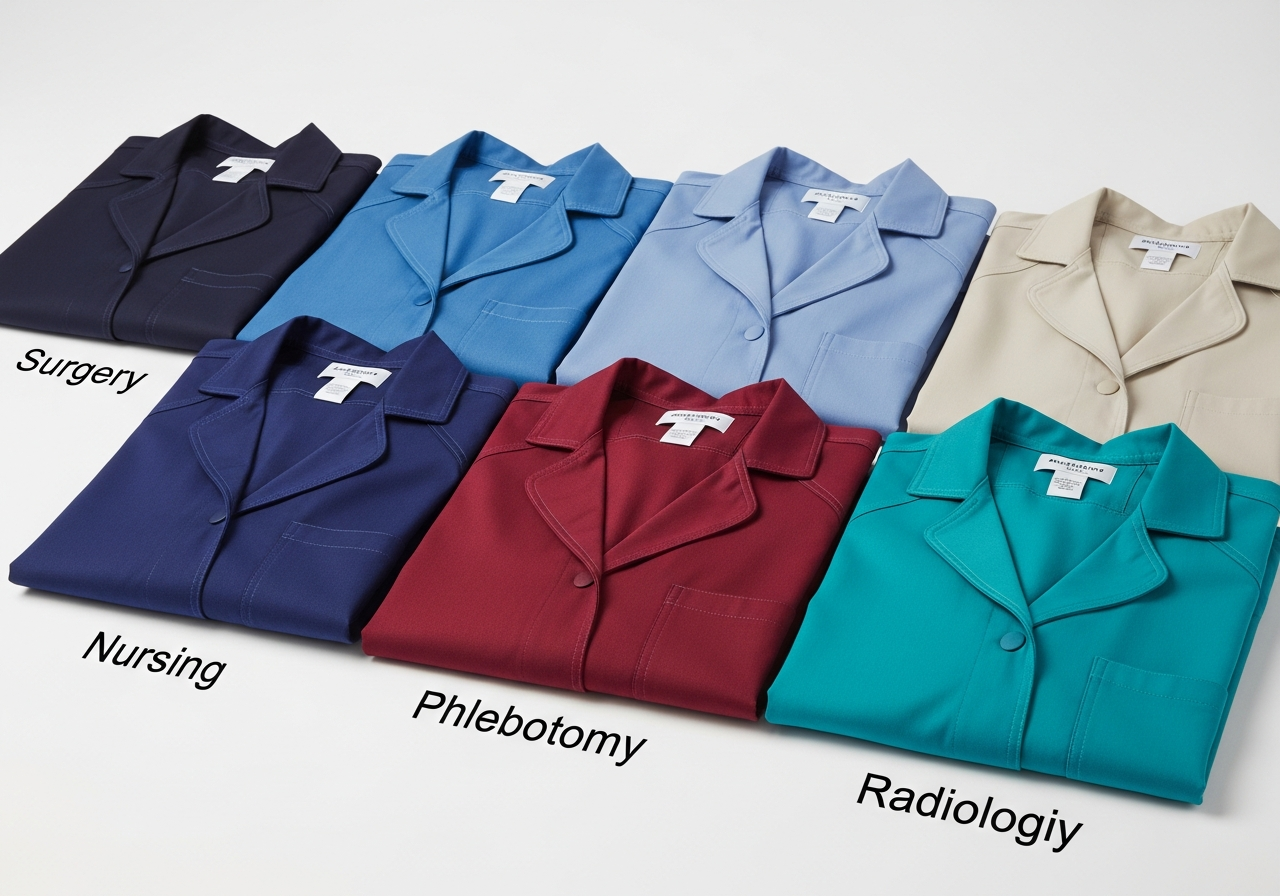 Medical department color-coded custom scrub jackets showing navy blue ceil blue hunter green and black options