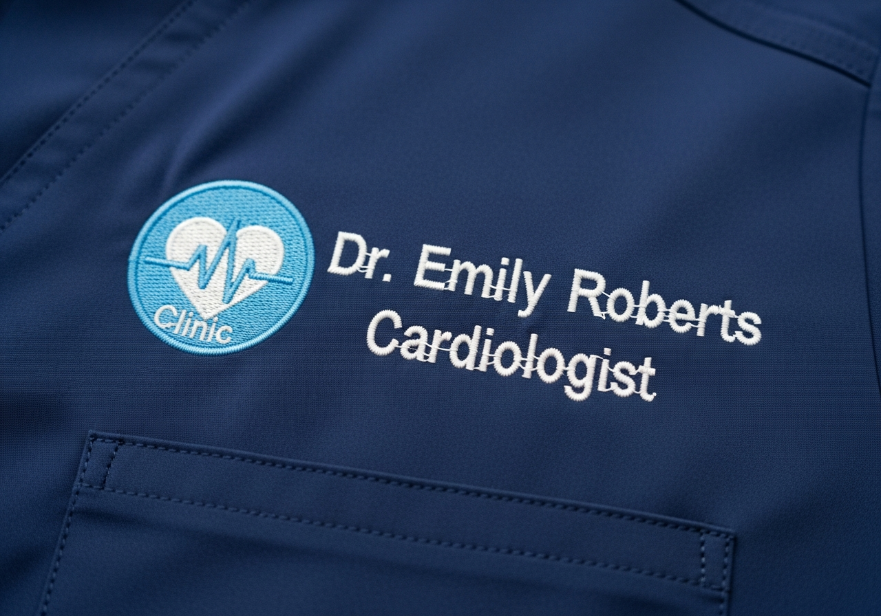 Custom medical scrub jacket embroidery details showing left chest logo and right chest name with credentials