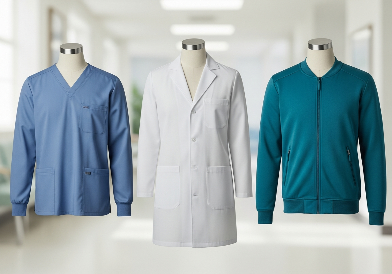 Comparison of custom scrub jacket lab coat and warm-up jacket styles for healthcare teams showing fit and length differences