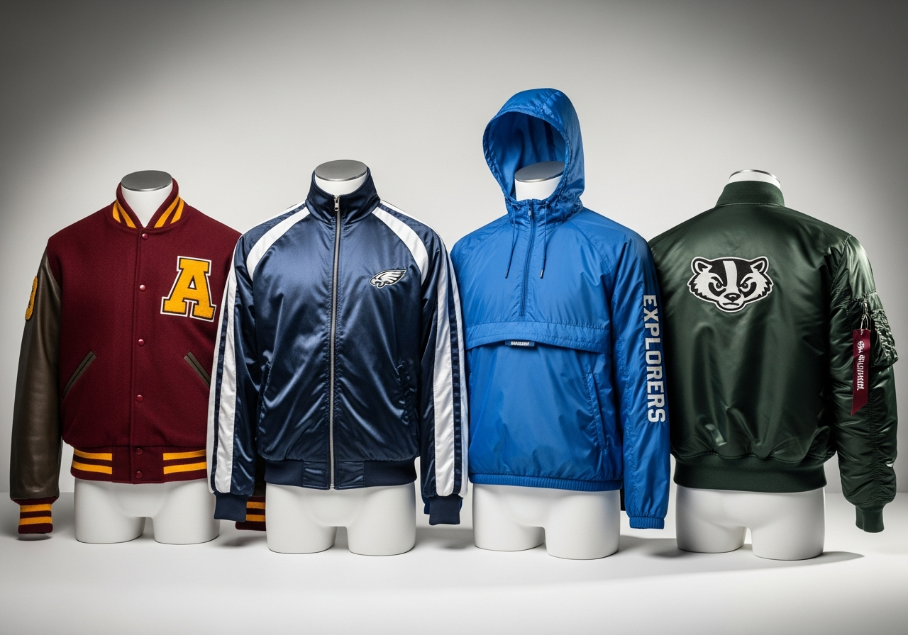 Four custom team jacket styles showing varsity track windbreaker and bomber options side by side
