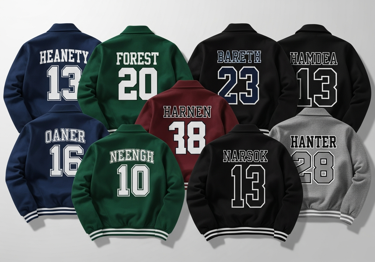 Custom team jacket name and number placement examples showing back chest and sleeve positioning