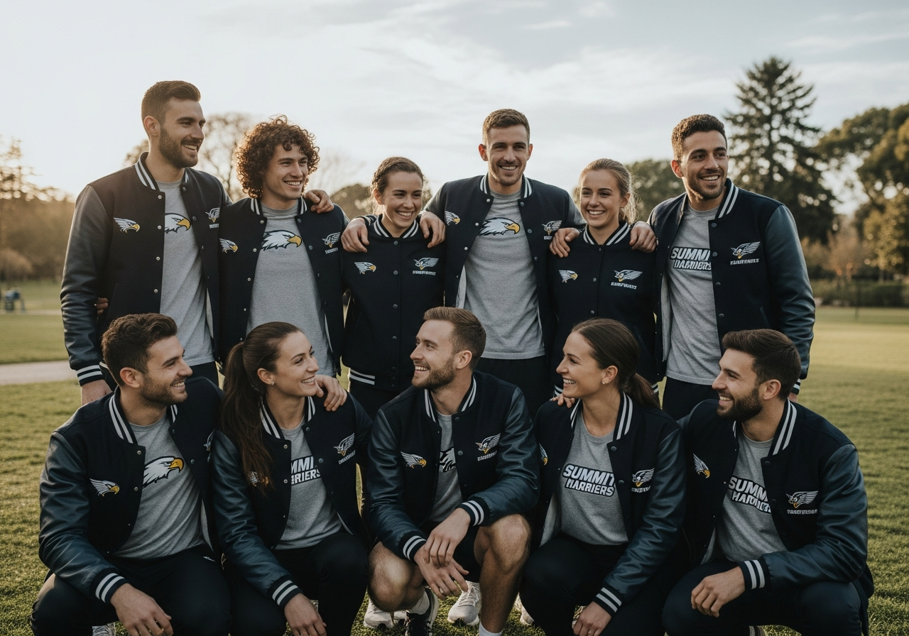 Team group photo showing matching custom jackets in coordinated team colors
