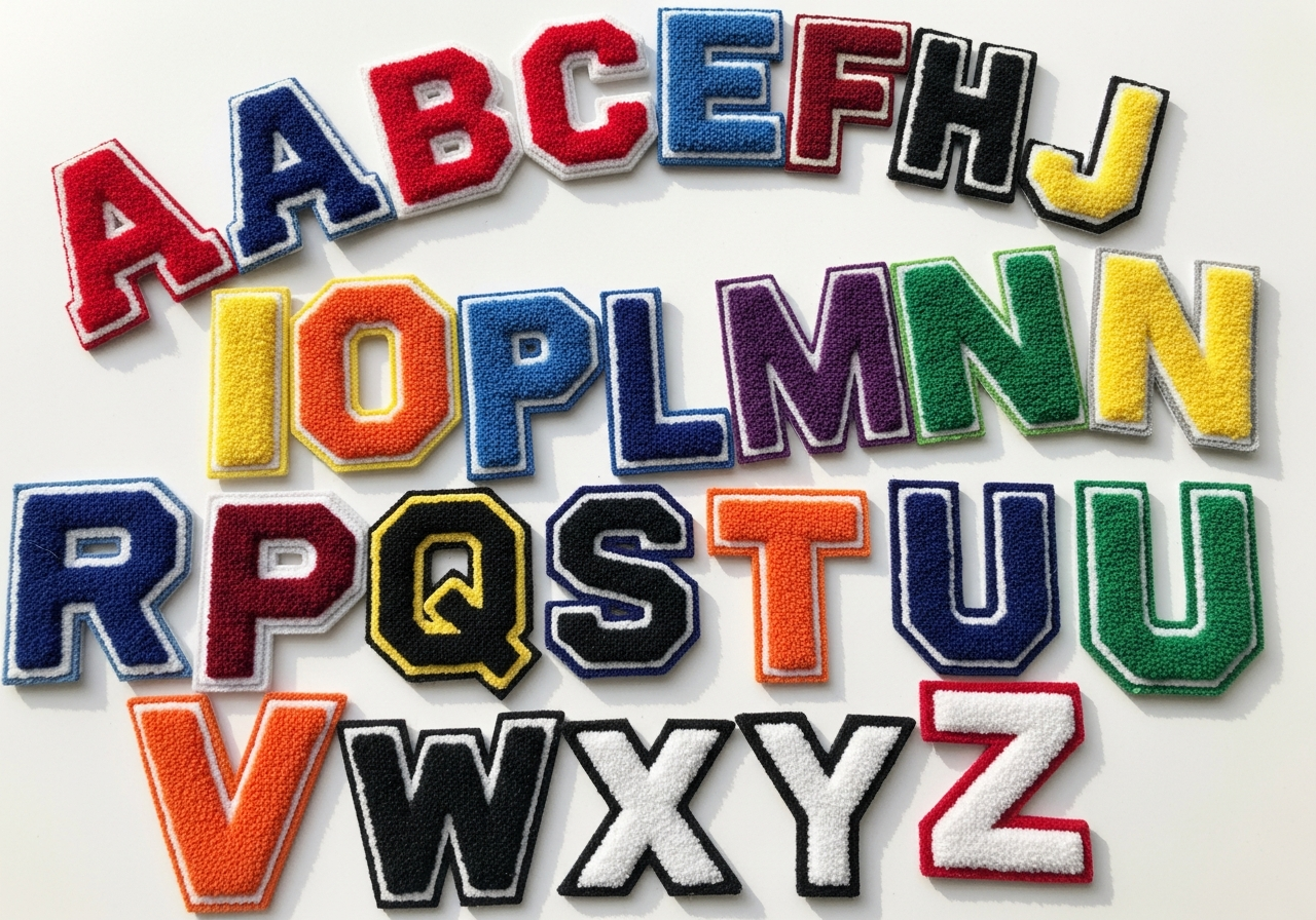 Chenille letter and patch examples showing single-color two-tone and custom shape options for varsity jackets