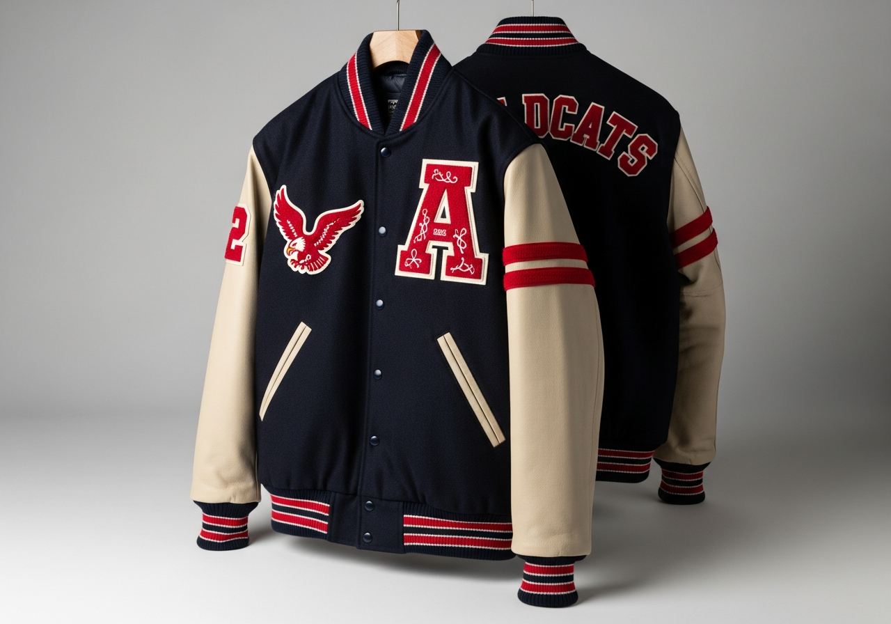 Finished custom letterman jacket showing front chenille letter back design and sleeve patches