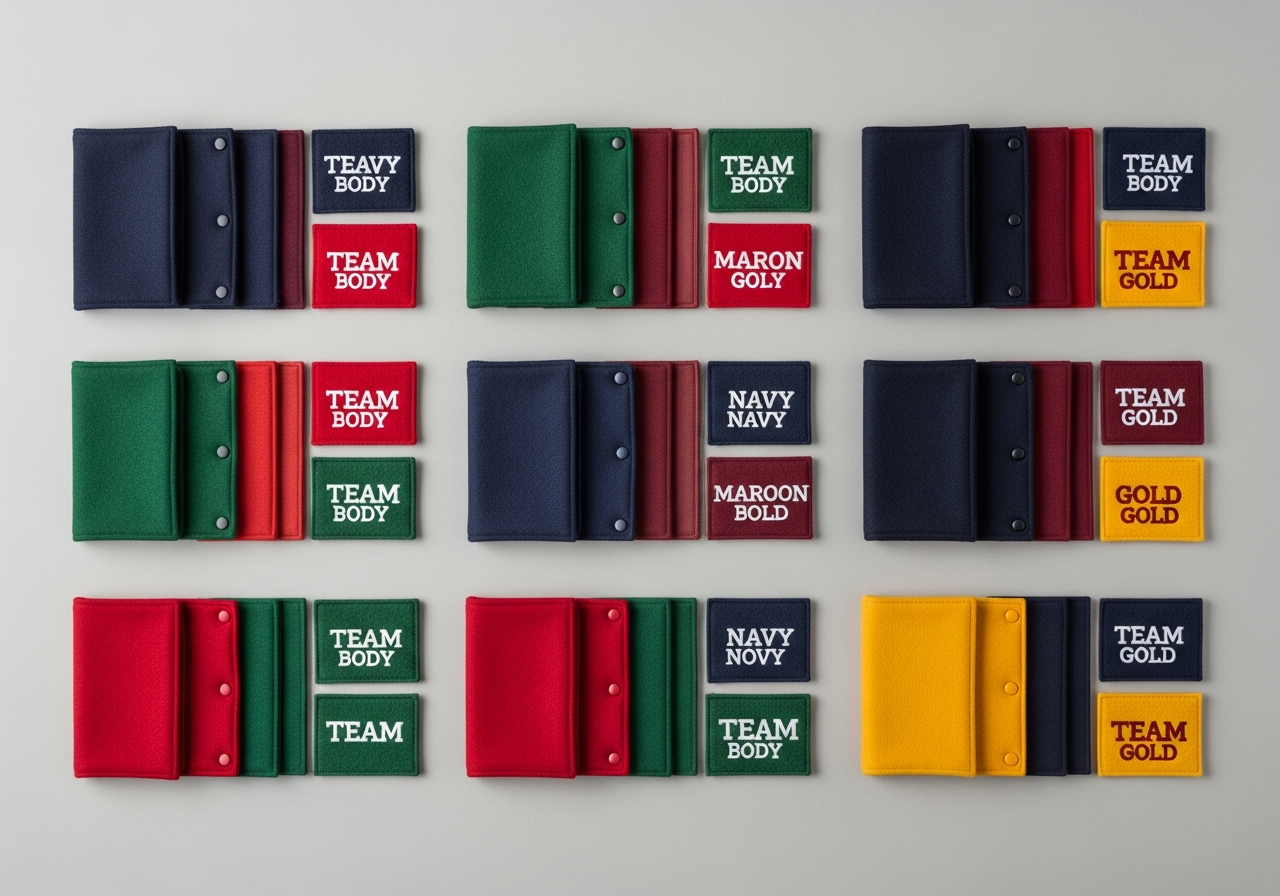 Custom varsity jacket color combinations showing various body sleeve and trim color pairings