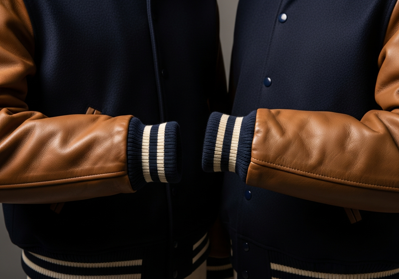 Comparison of wool body with leather sleeves versus all-wool custom varsity jacket construction