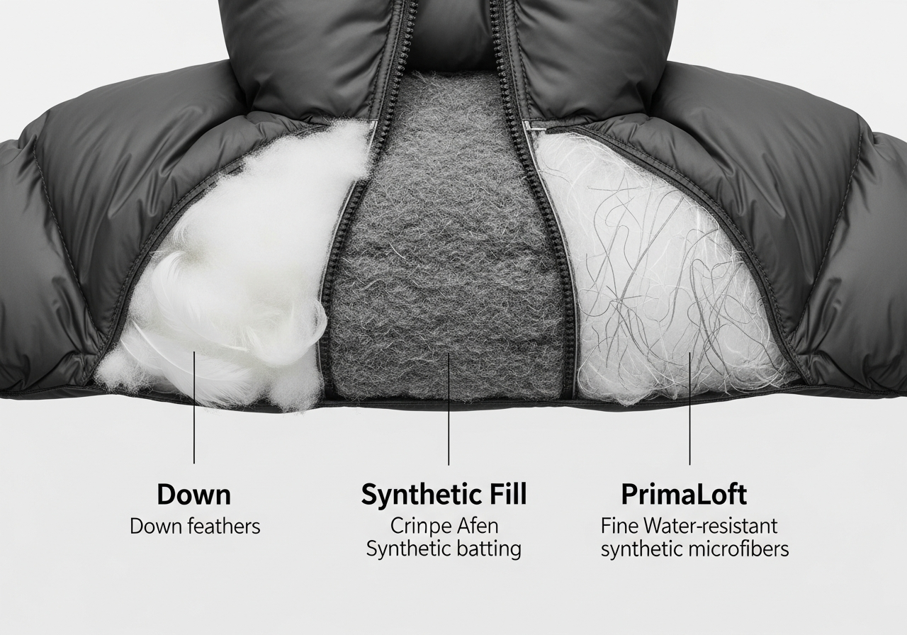 Comparison of insulation types for custom winter jackets showing synthetic down and PrimaLoft cross-sections