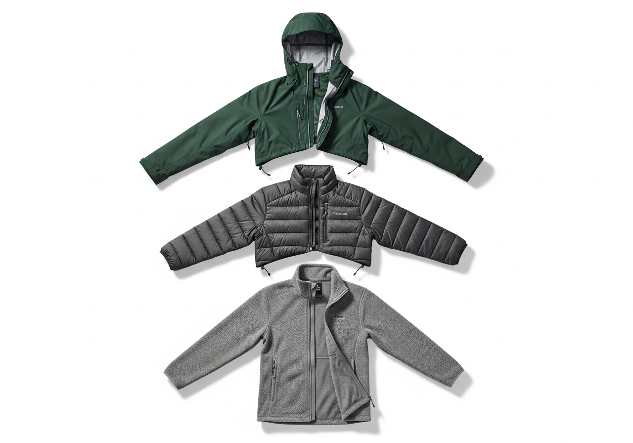 Winter layering system diagram showing base layer mid layer and outer shell with custom branding on each piece