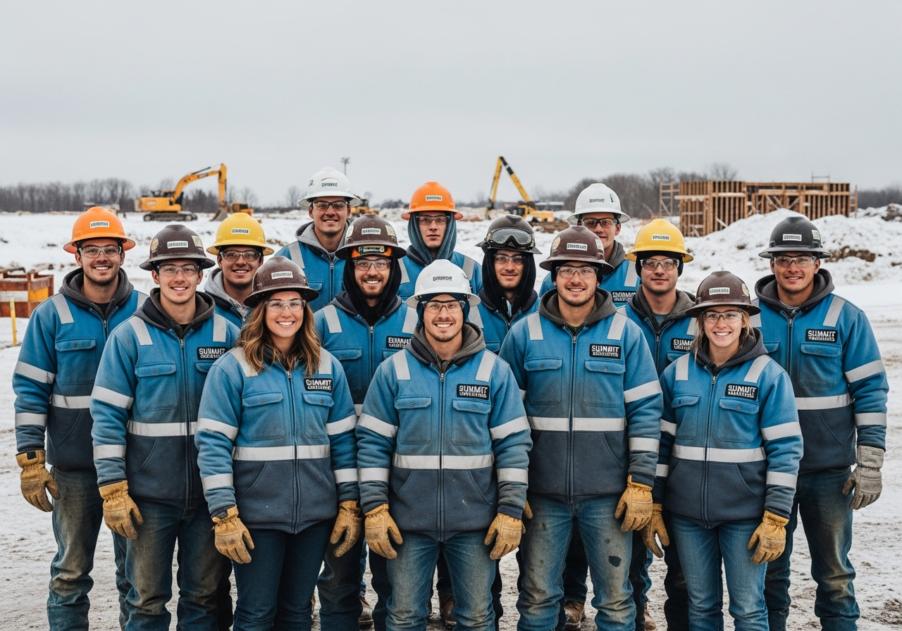 Custom winter jackets for outdoor teams showing construction crew sports sideline and event staff applications
