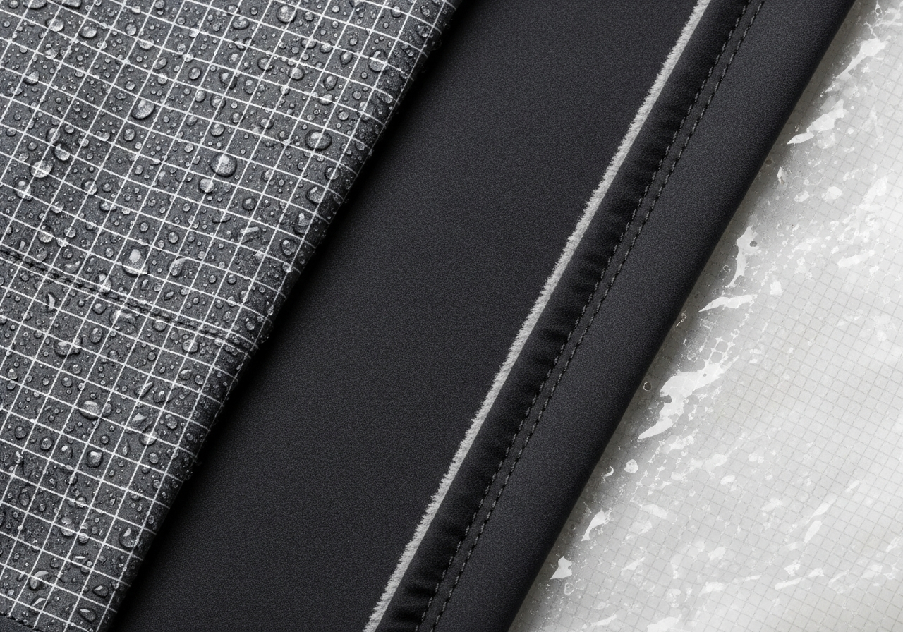 Winter jacket shell material comparison showing nylon ripstop polyester microfiber softshell and waterproof membrane layers