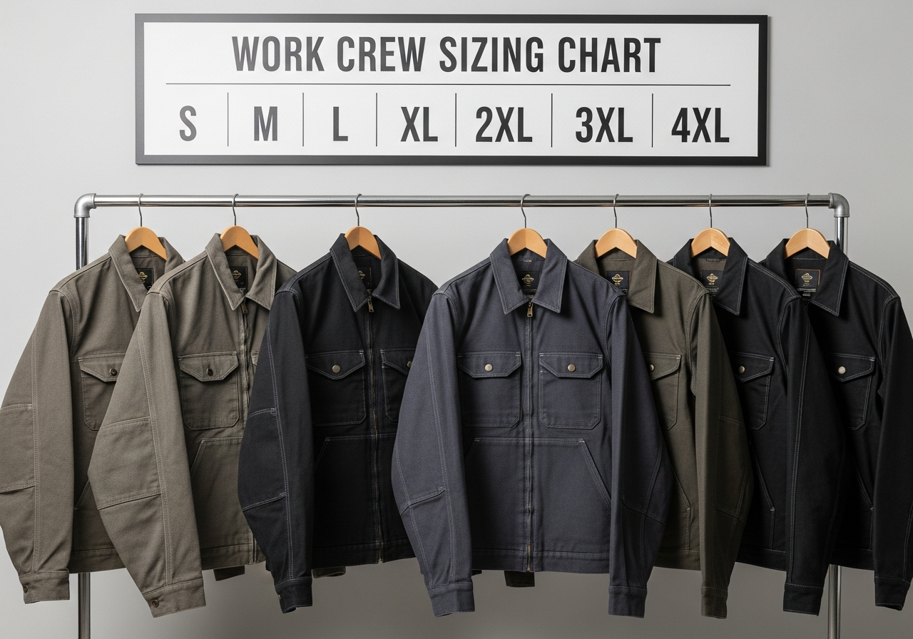 Work crew jacket sizing and distribution process showing measurement collection and bulk order organization
