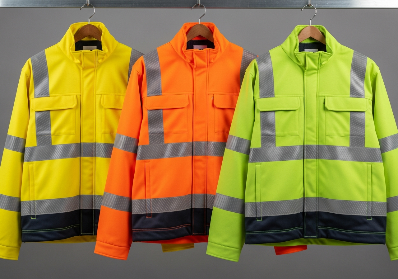 Custom hi-vis work jacket options showing different safety classifications and insulation levels