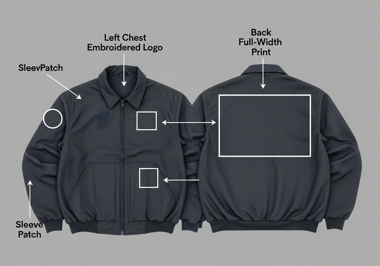 Work jacket logo placement diagram showing left chest back panel right chest and sleeve positions