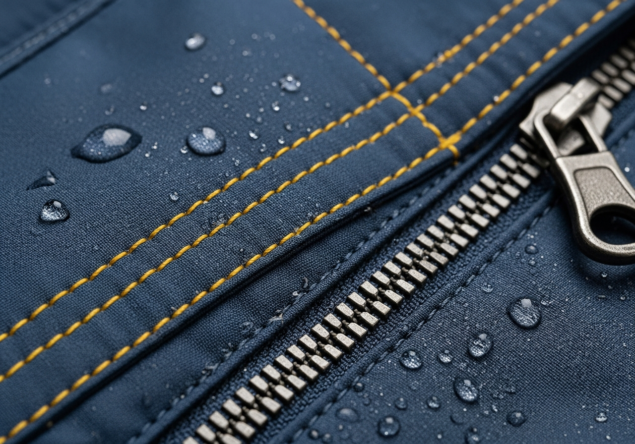 Work jacket durability features showing reinforced seams heavy zippers and abrasion-resistant panels