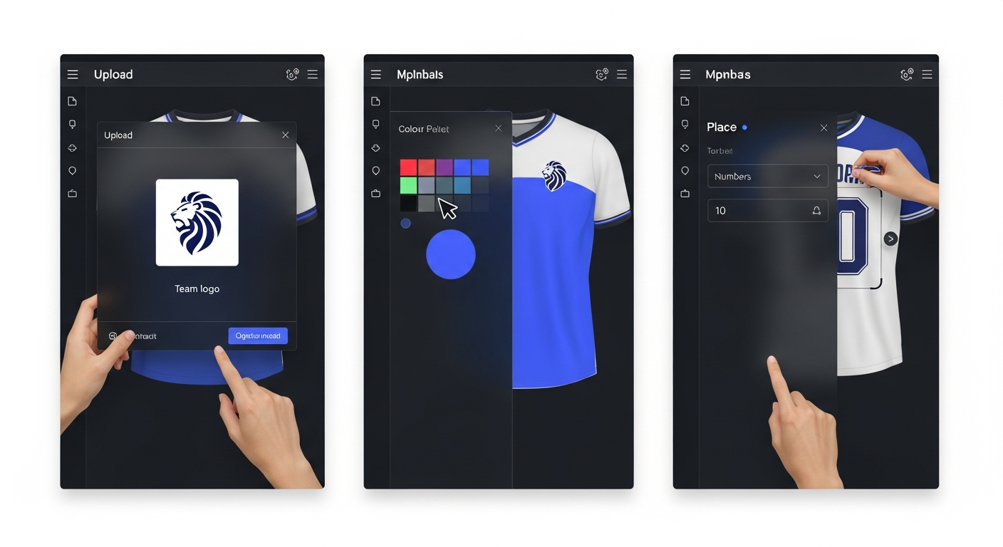 Step-by-step jersey design process showing logo upload, color selection, and number placement