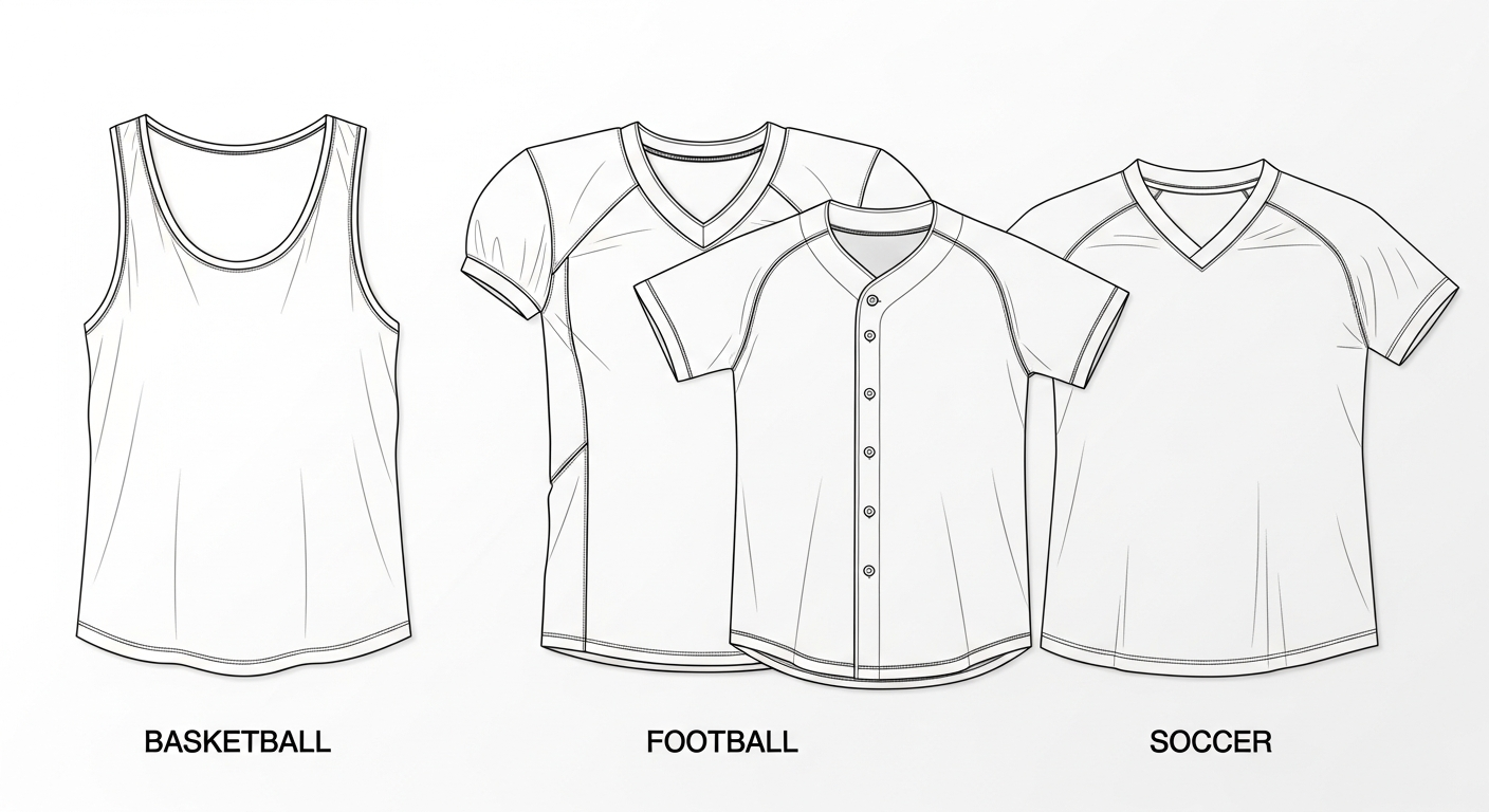 Side-by-side comparison of custom jersey templates for basketball, football, baseball, and soccer