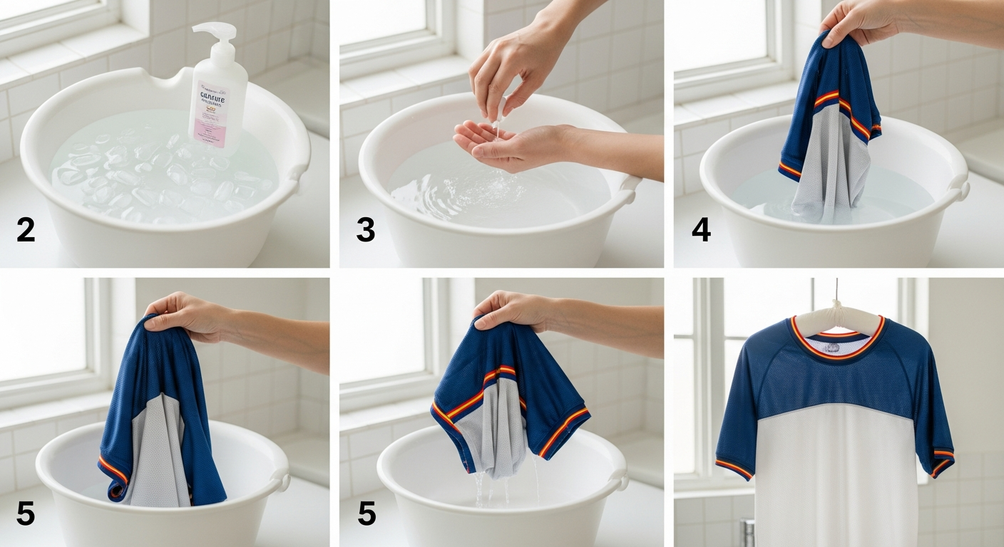 Step-by-step visual guide showing proper custom jersey washing technique: turn inside out, cold water, gentle cycle, hang dry