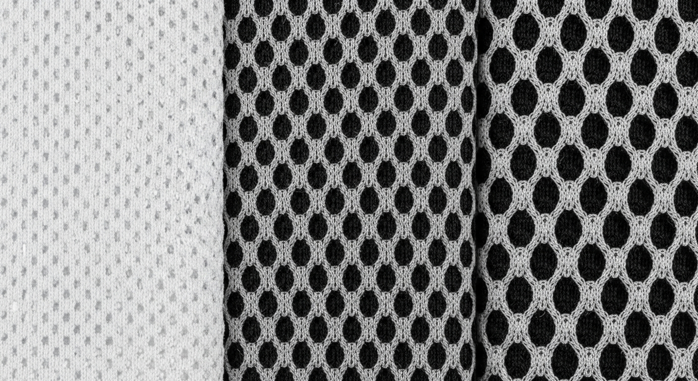 Close-up comparison of tricot mesh, pin-dot mesh, and pro-game mesh jersey fabrics