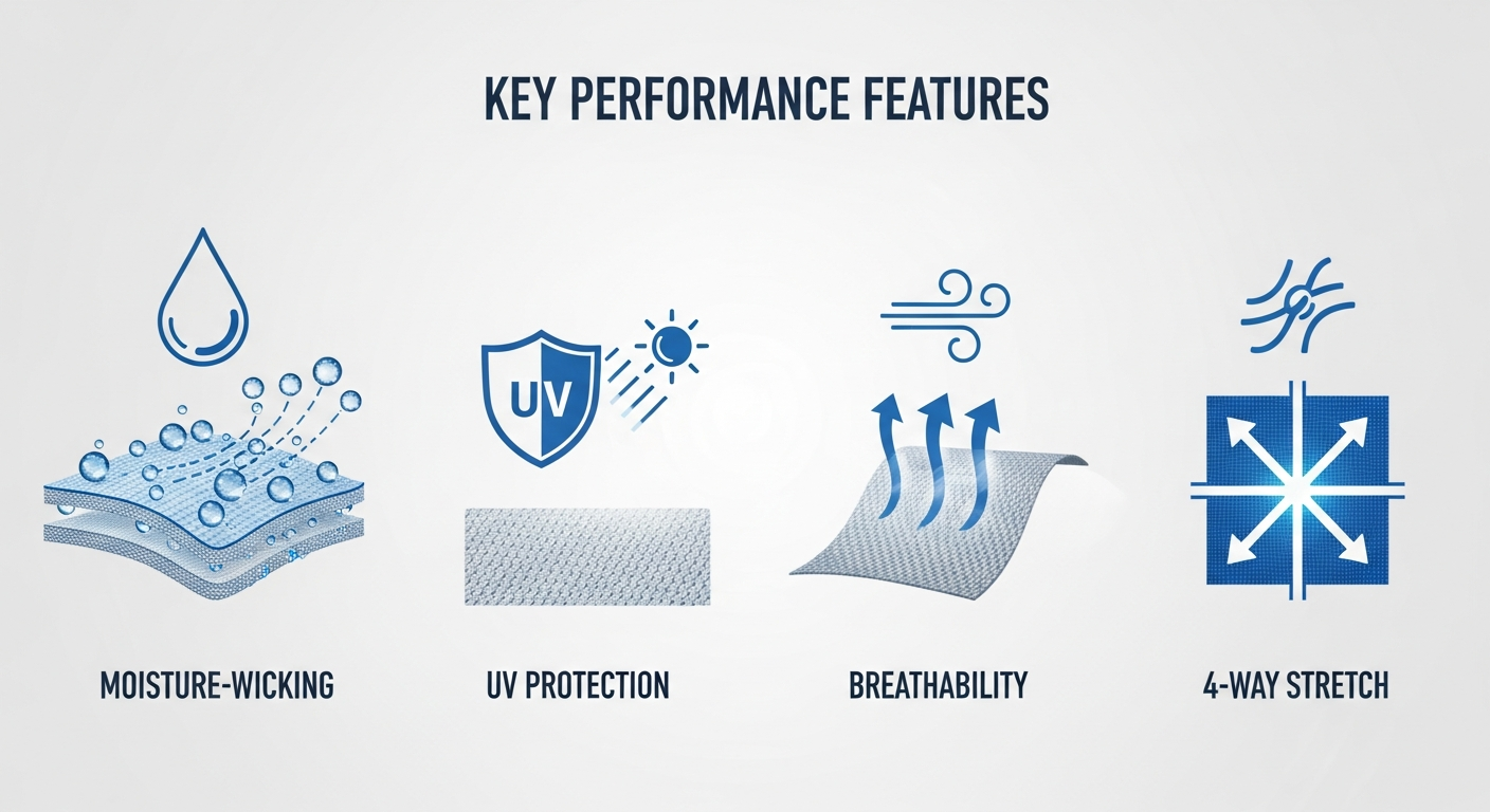Infographic showing moisture-wicking, UV protection, and breathability features of jersey fabrics