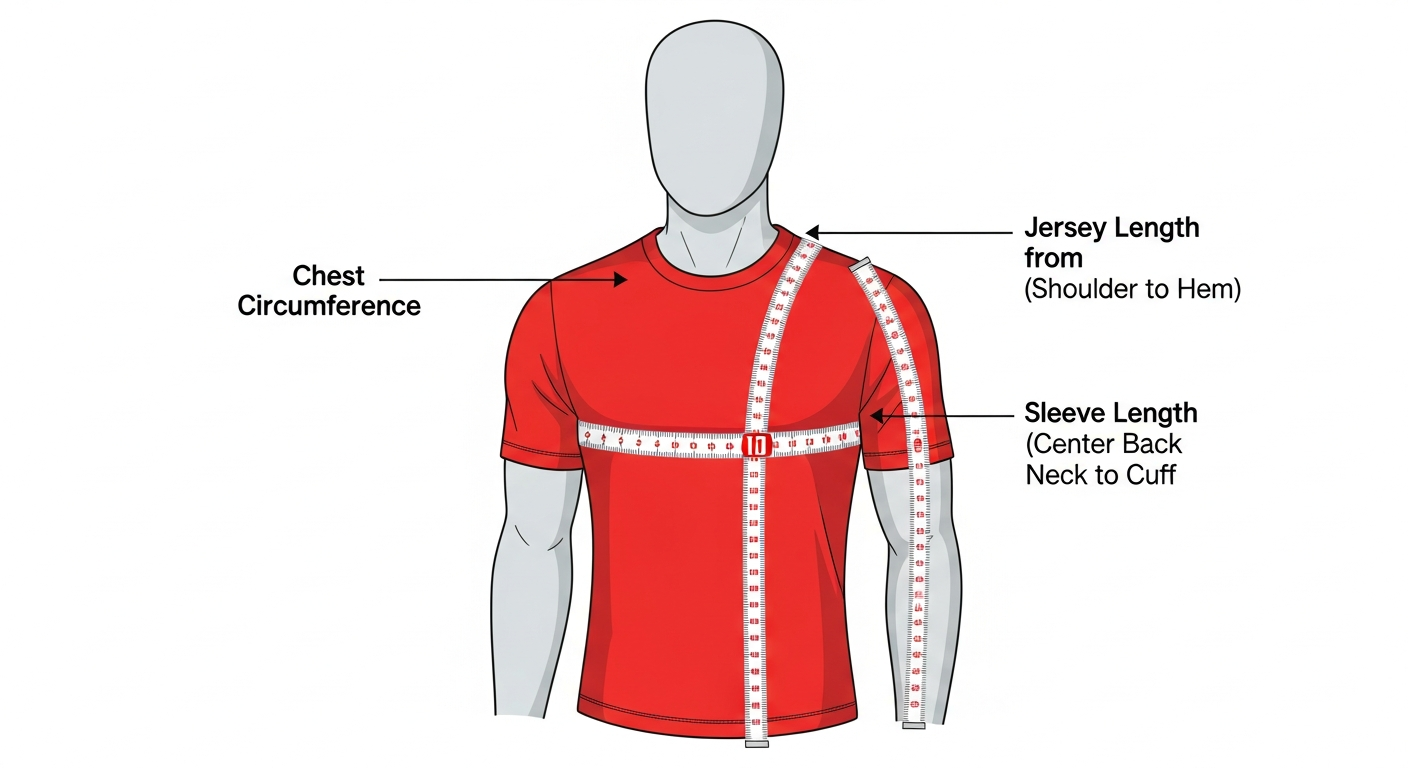 Illustrated guide showing how to measure chest, length, and sleeve for custom jersey sizing