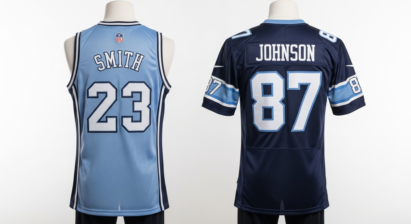 Custom basketball jersey and football jersey side by side showing different cuts, fabrics, and number placements