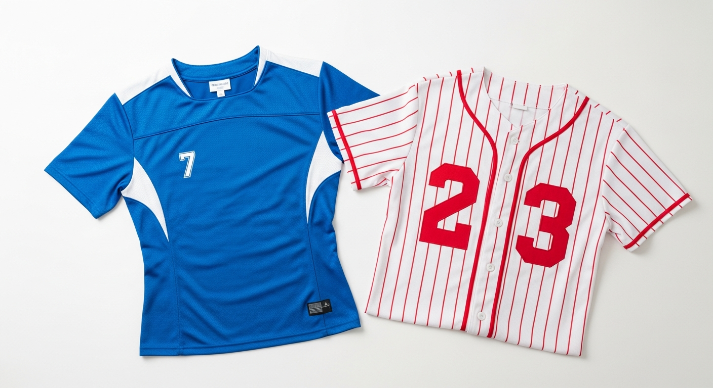 Custom soccer jersey and baseball jersey showing sport-specific design features and numbering