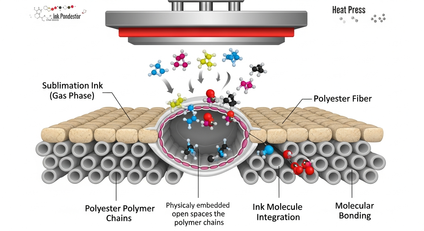 Diagram showing how sublimation ink bonds into polyester jersey fibers under heat