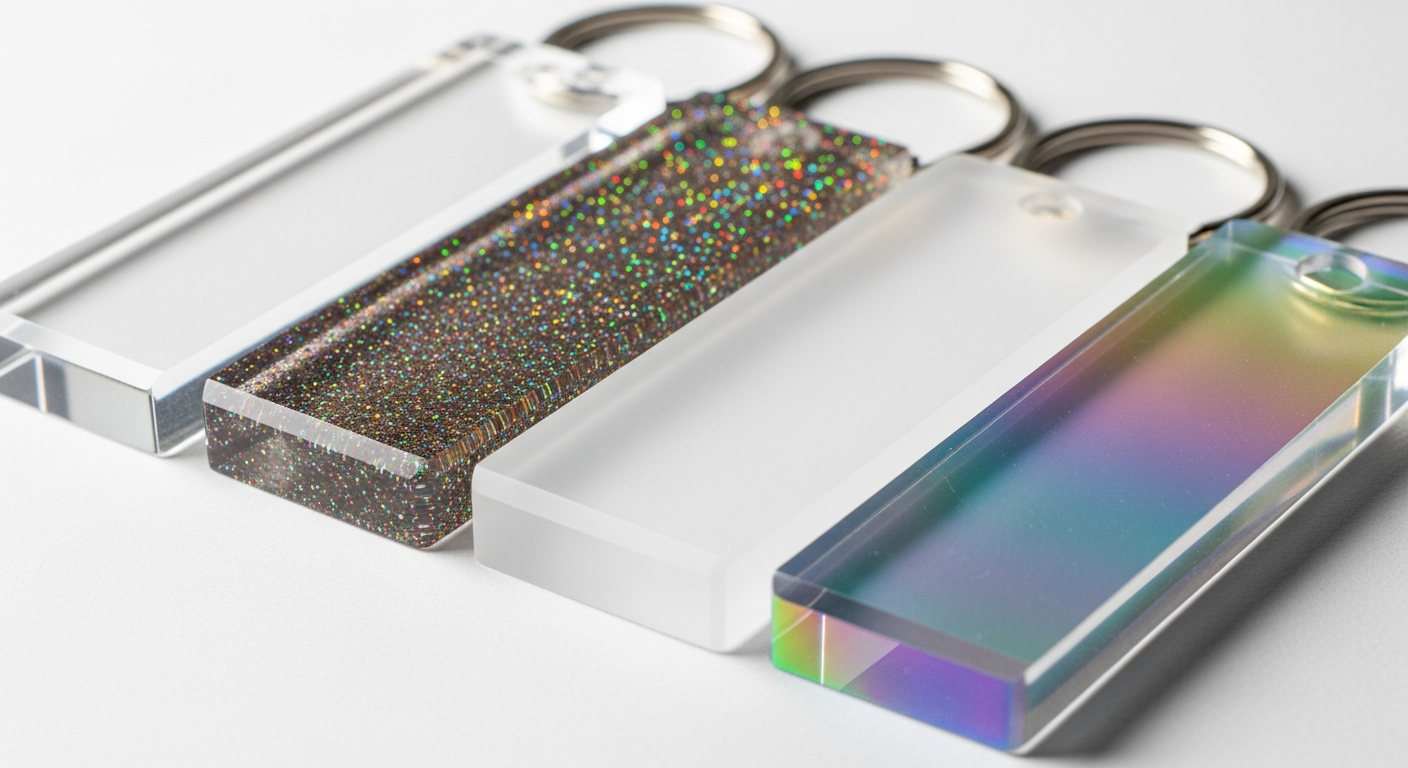 Clear glitter frosted and holographic custom acrylic keychain material samples