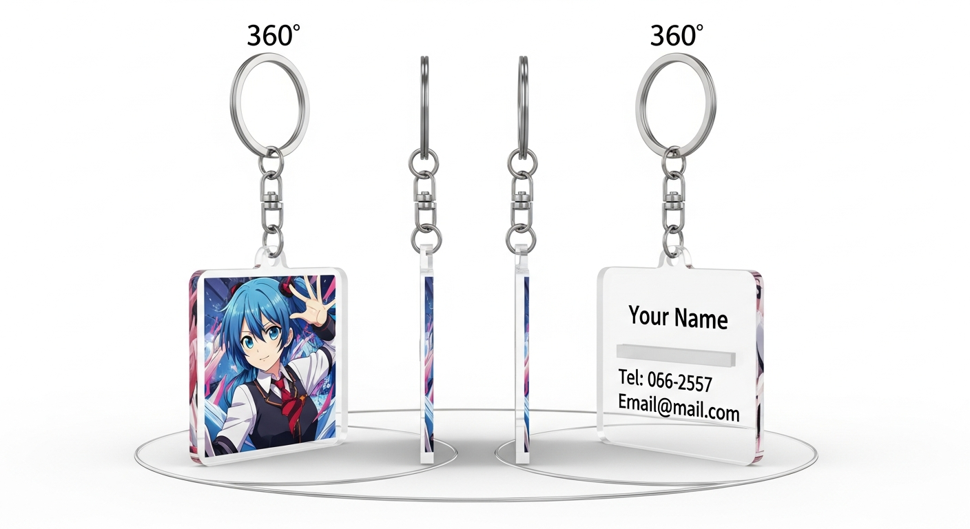Front and back of double-sided custom acrylic keychain showing design on both sides