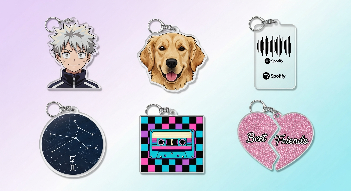Trending custom acrylic keychain designs including anime pet portrait and Spotify code styles