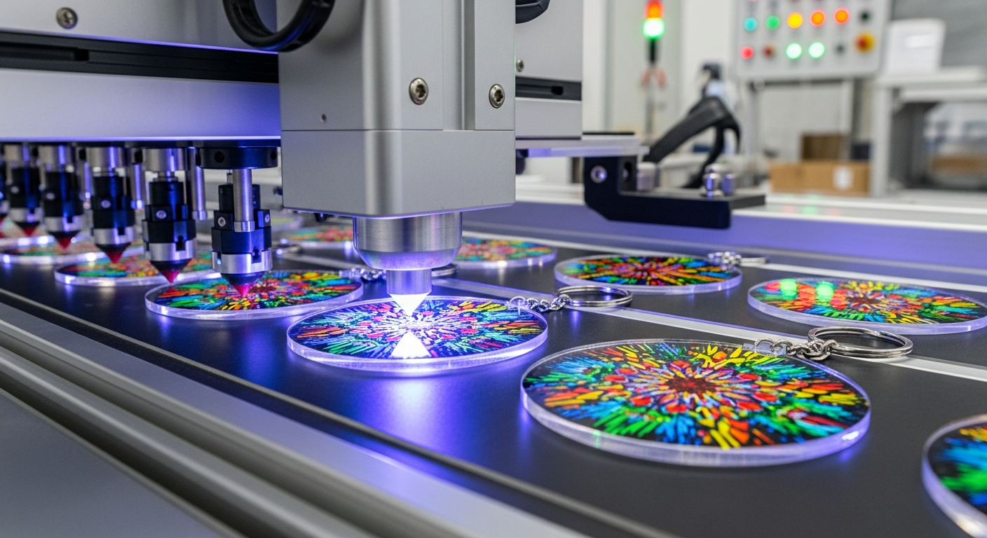 UV printing process on clear acrylic keychain in production facility
