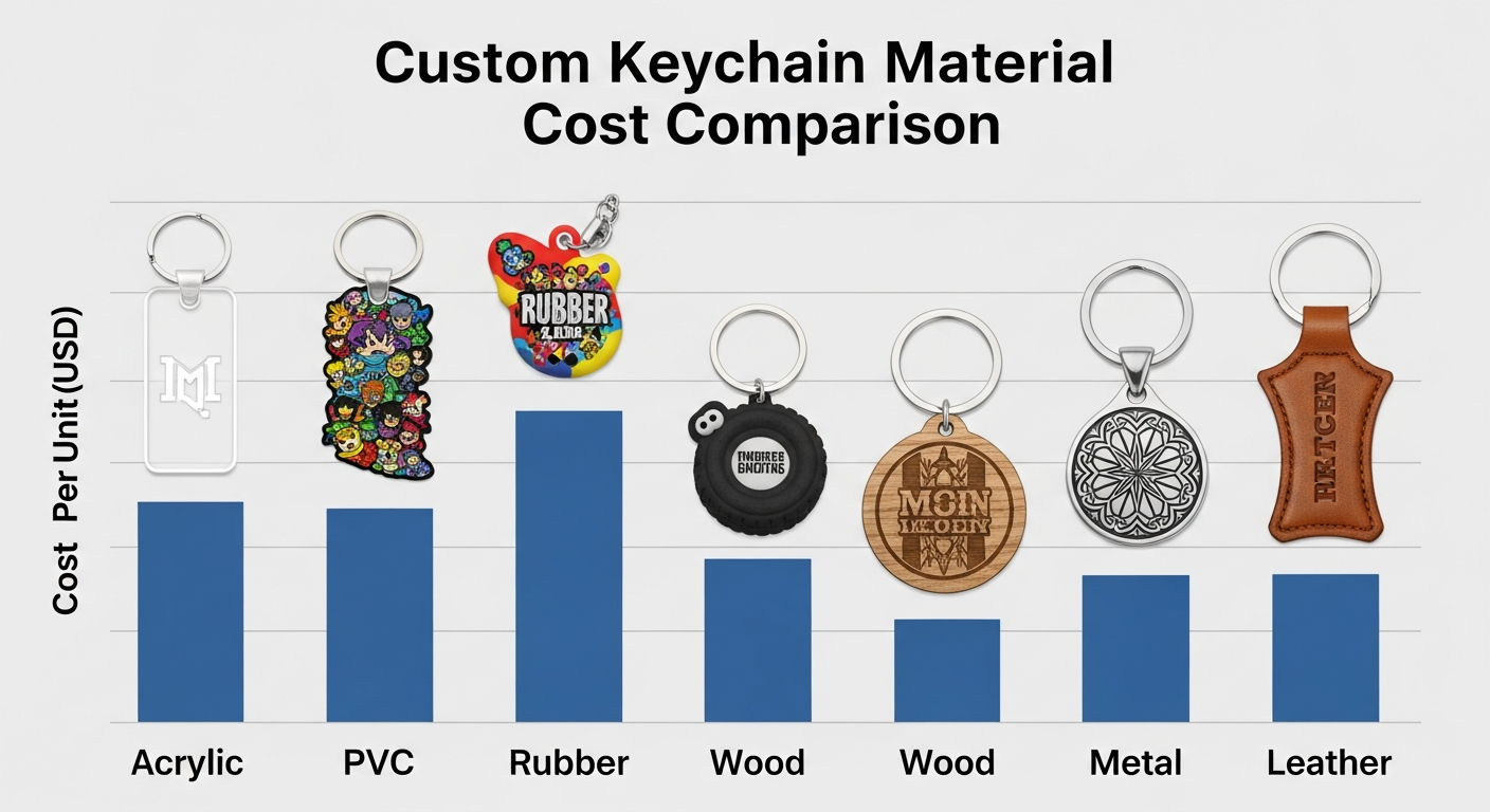 Custom keychain material cost comparison chart ranking acrylic PVC metal and leather by price per unit