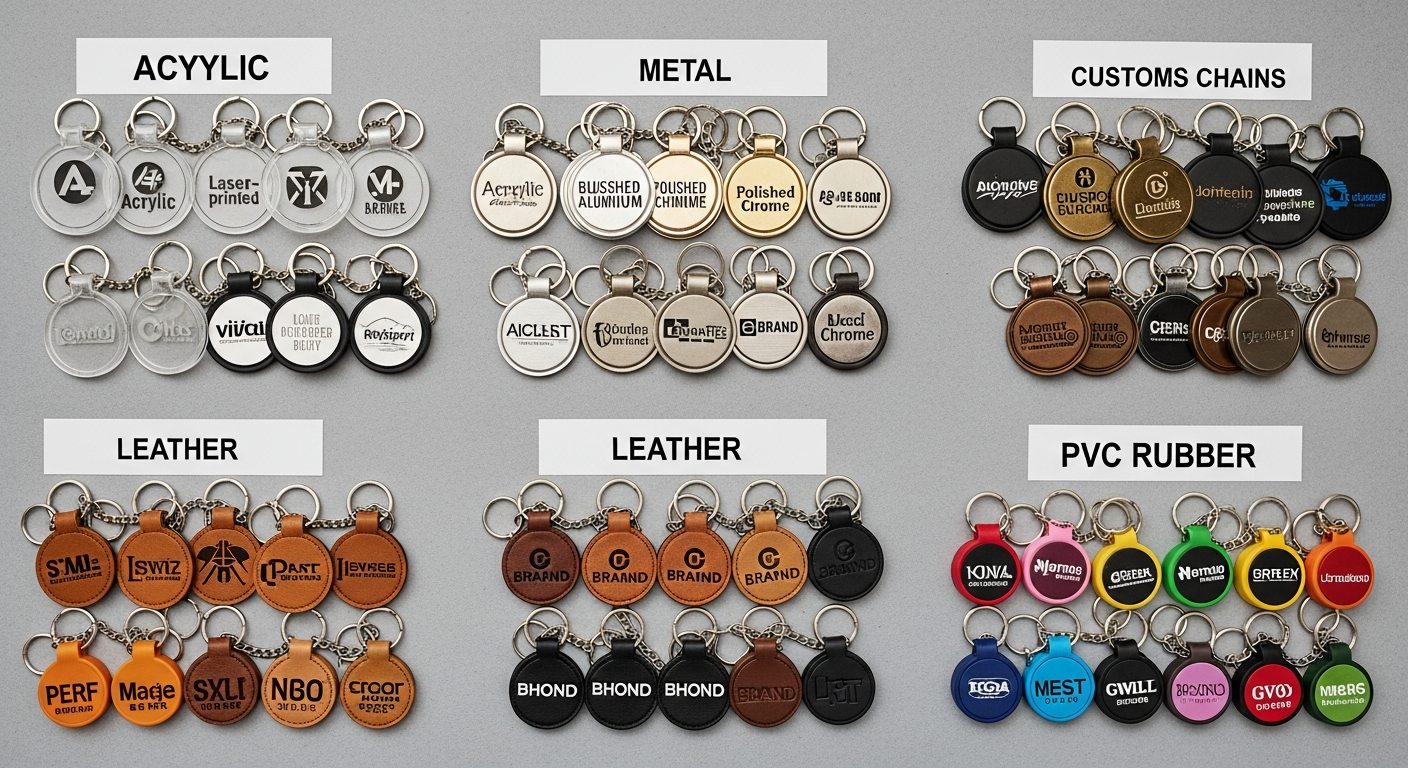 Bulk custom keychains displayed in different materials including acrylic metal leather and PVC