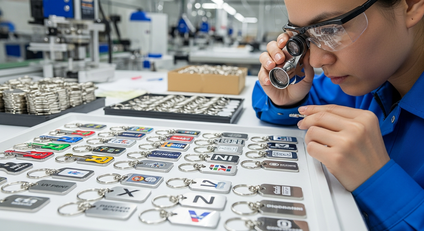 Quality control inspection of bulk custom keychain production run