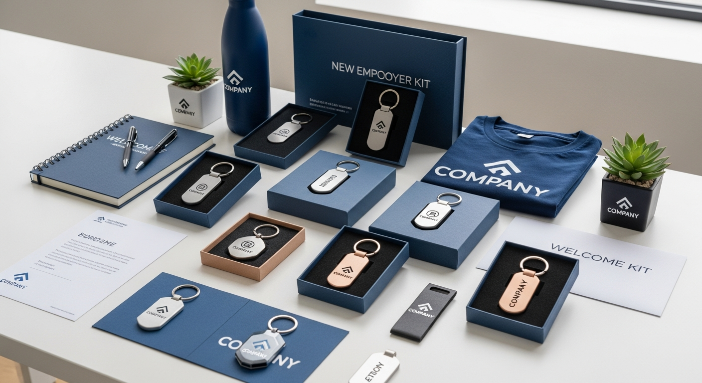Custom branded keychains in gift packaging for employee onboarding and appreciation gifts