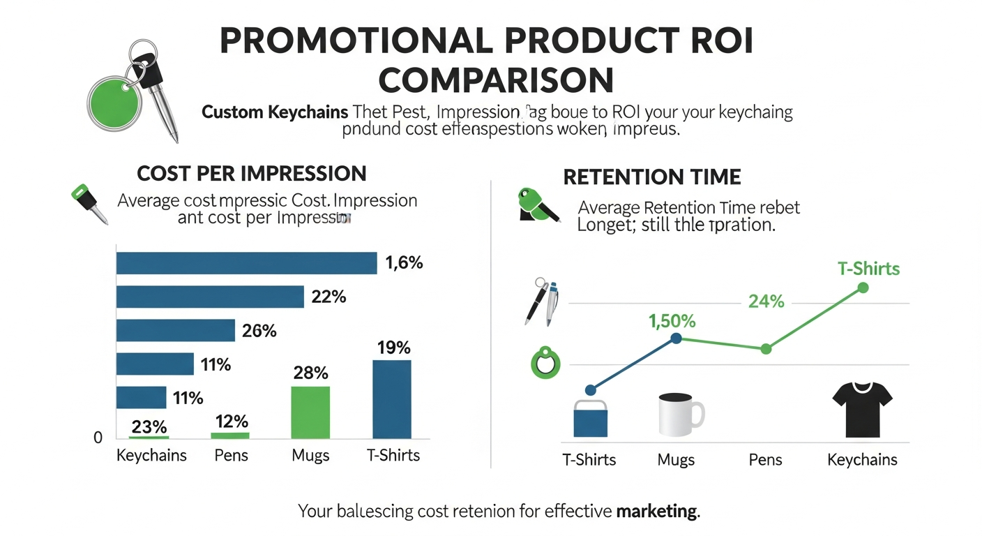 Promotional product ROI comparison showing custom keychains versus pens mugs and tshirts