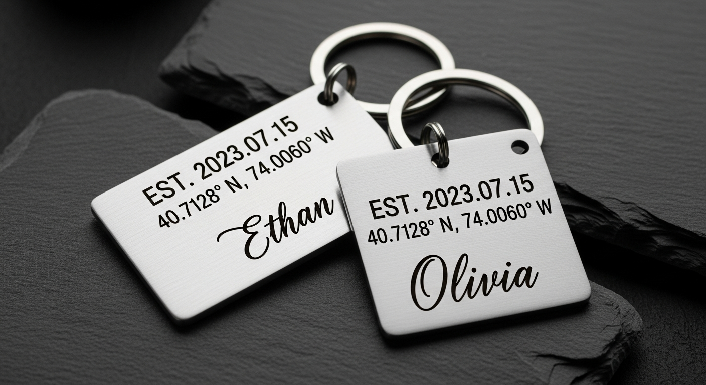 Anniversary date engraved on custom metal couple keychains with coordinates and names