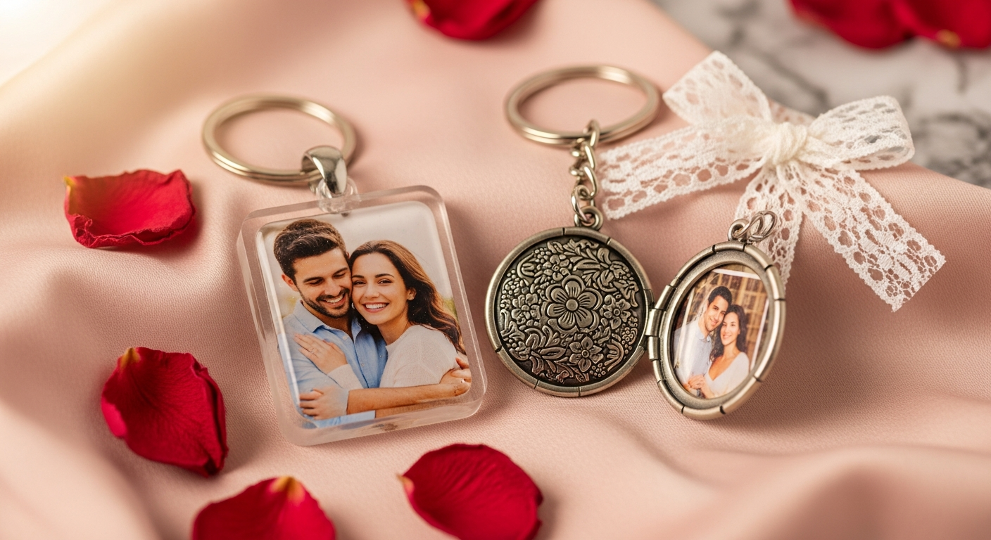 Custom photo keychains with couple pictures in resin-coated acrylic and metal locket styles