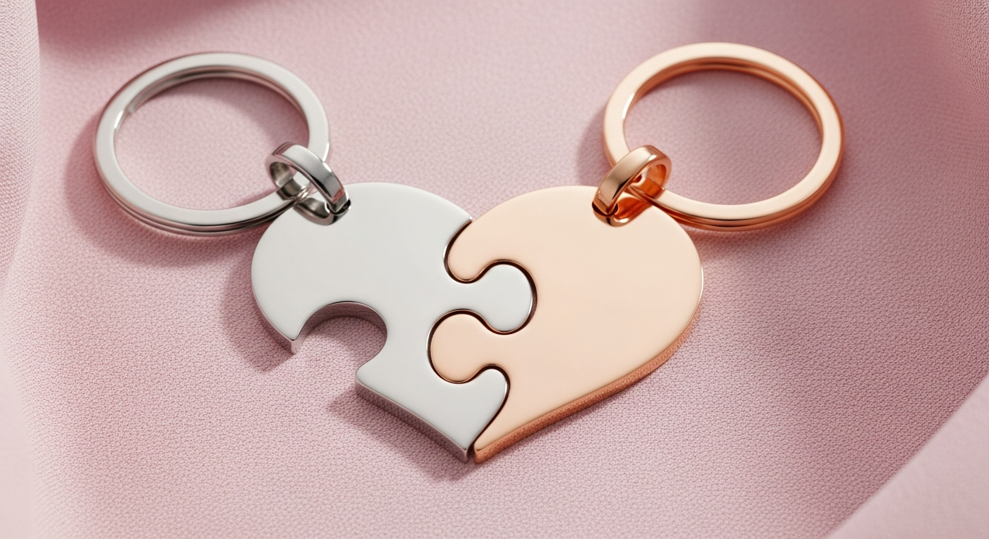 Interlocking puzzle piece custom couple keychain set showing two halves forming a heart