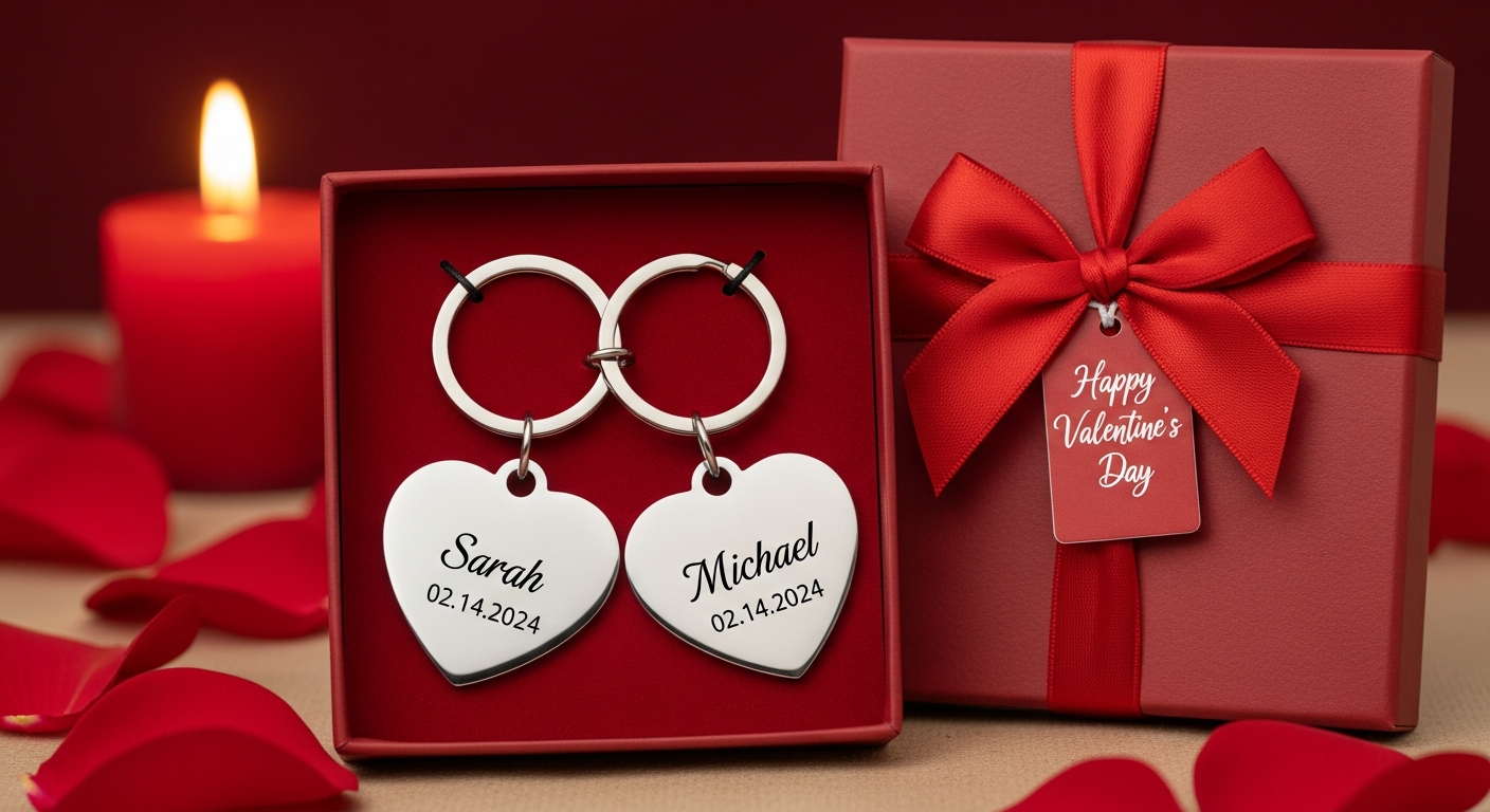 Valentine Day custom couple keychain gift set in premium packaging with matching designs