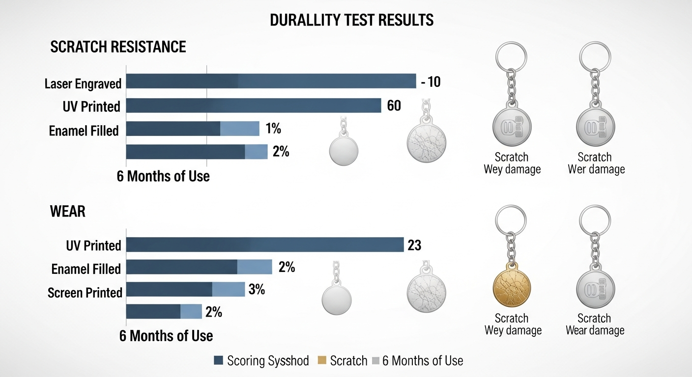 Keychain decoration durability test comparison chart showing scratch and wear resistance