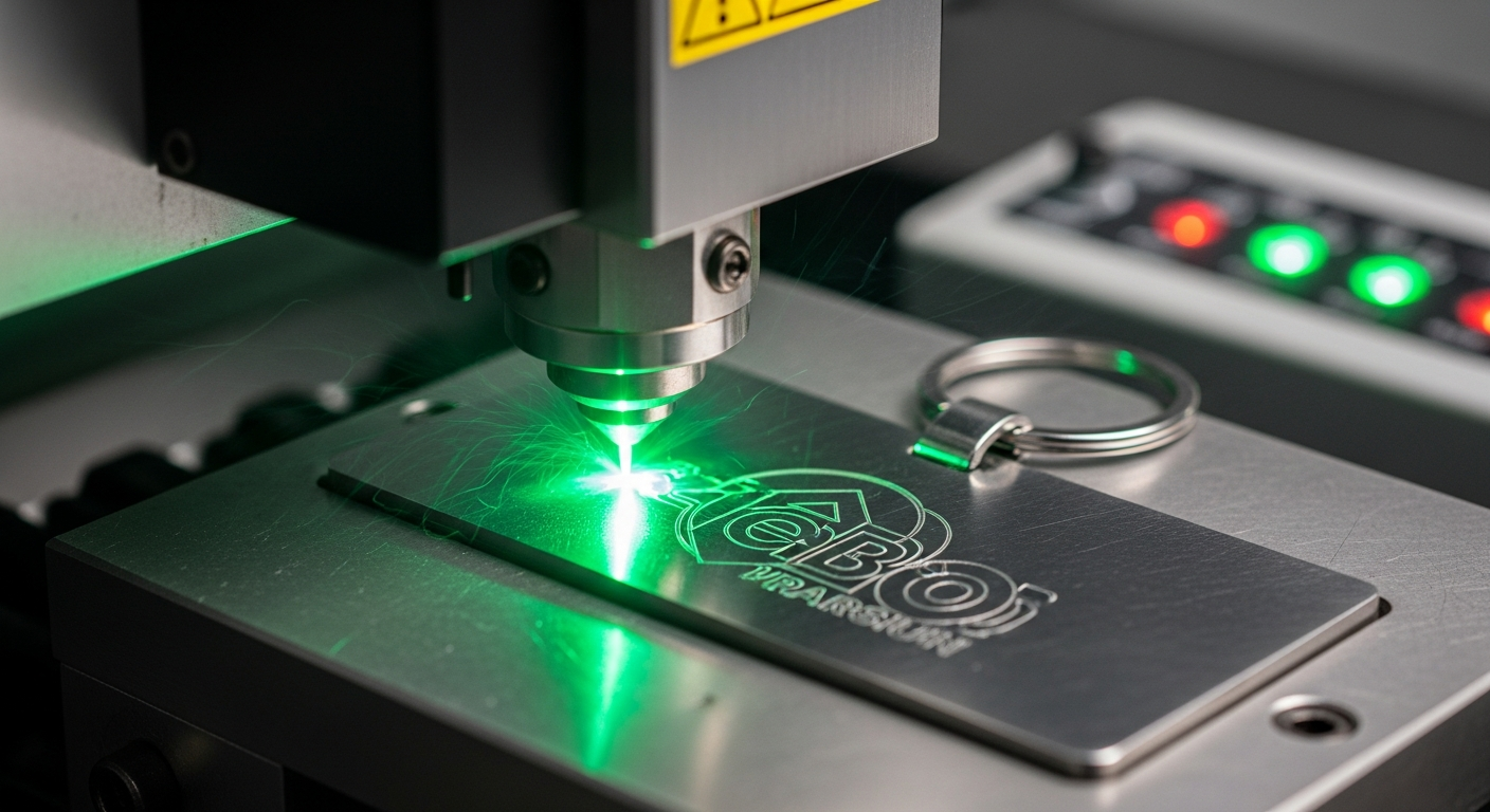 Laser engraving machine creating detailed design on custom metal keychain