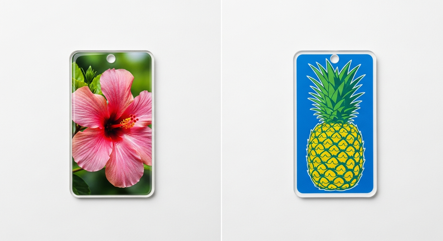 UV printed versus screen printed custom keychain results side by side comparison