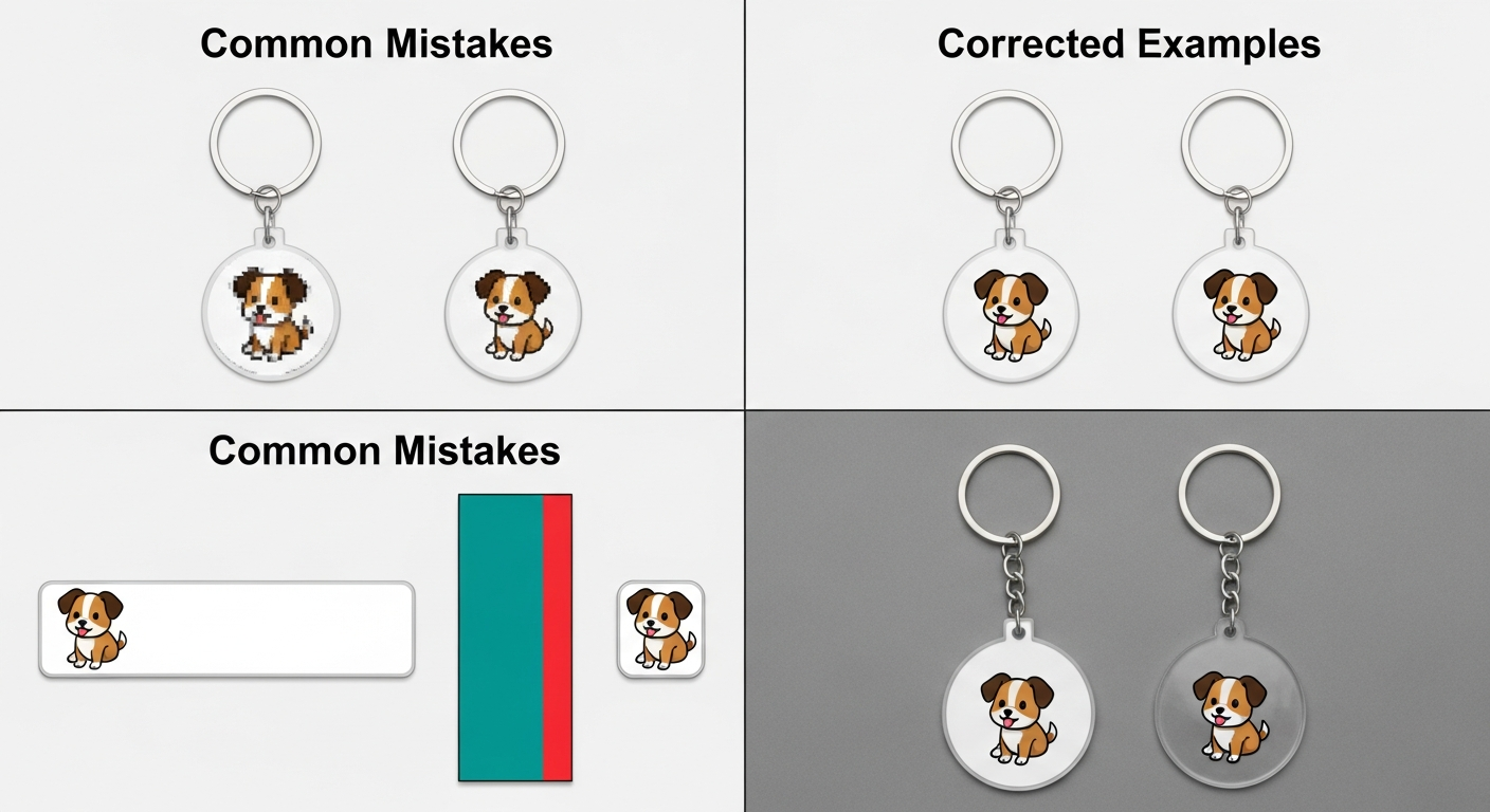 Common custom keychain design mistakes with corrected examples showing bleed resolution and transparency issues